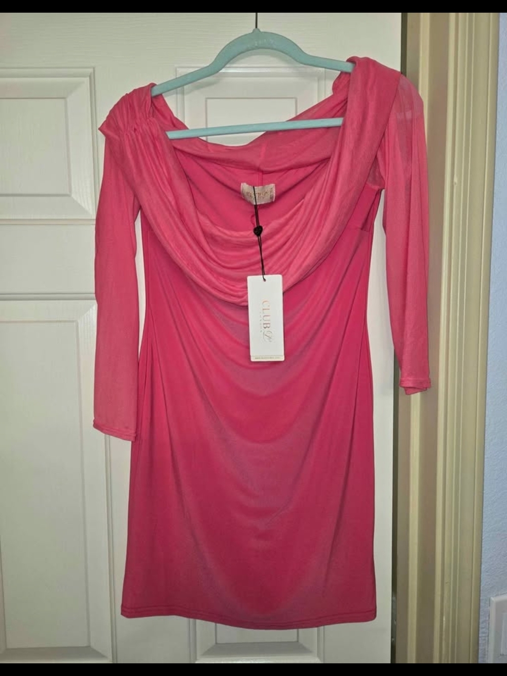 Club L London Hot Pink Draped Cowl Neck Long Sleeve Dress